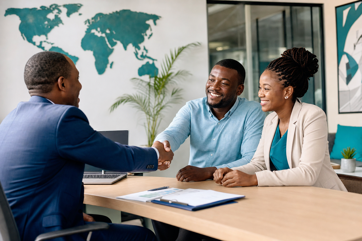 Réseau de distribution — rencontre courtier et clients en agence