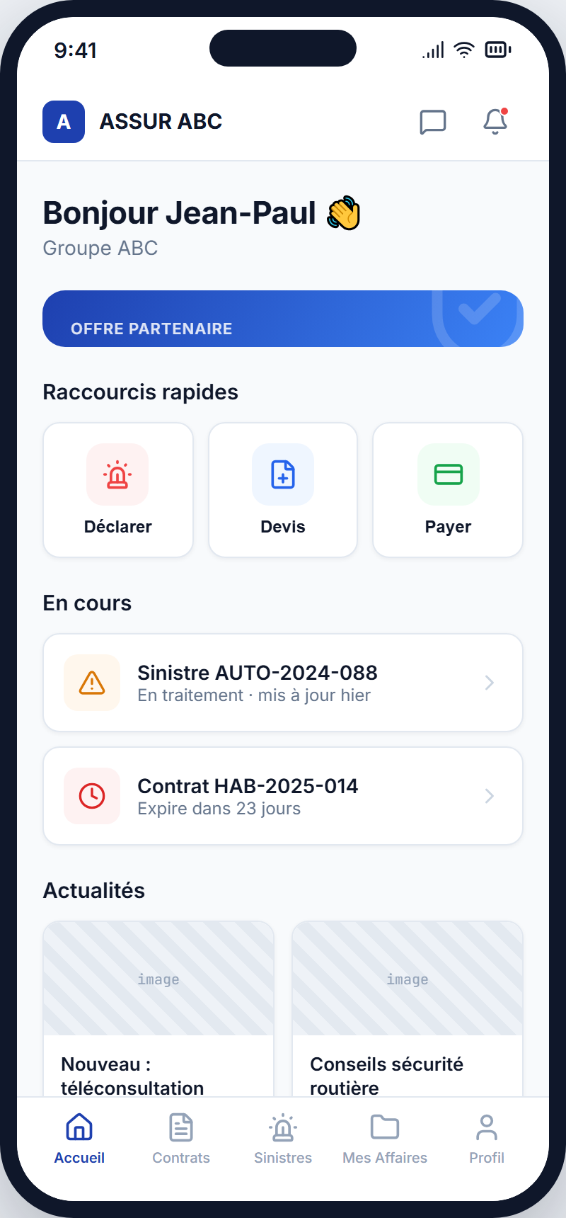 Portail assuré mobile — contrats, sinistres, profil, 24/7